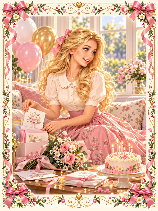 Birthday greeting card with flowers, balloons and birthday cake