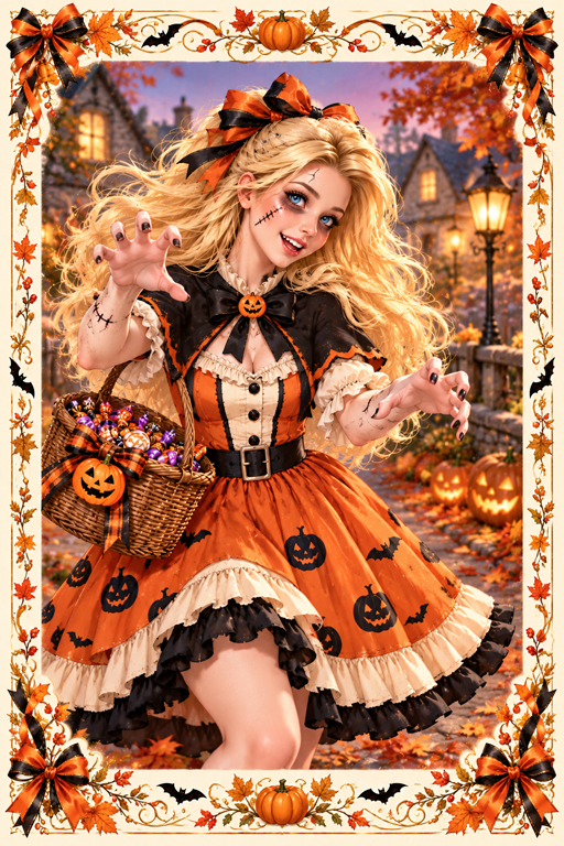 Halloween greeting card with pumpkins and spooky decorations